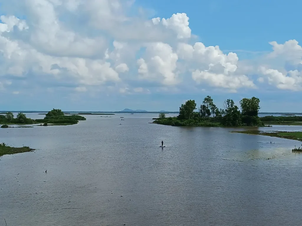 青空の下、広大なタレノーイ湖で木製のいかだをこぐ一人の男性