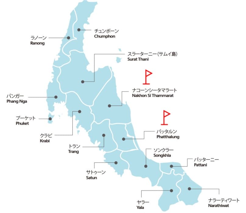南タイの地図（ナコンシータマラート、パッタルン、ソンクラー、スラーターニーの位置）