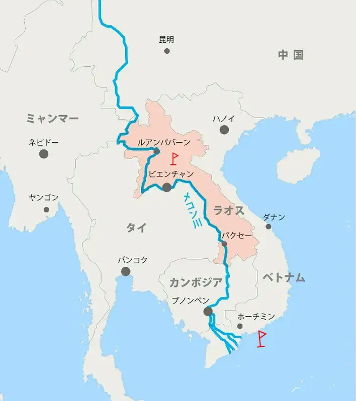 ルアンパバーン、ビエンチャンが記されたインドシナ半島の地図